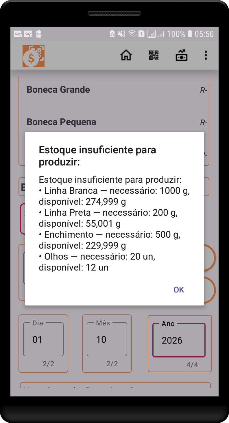 Alerta de estoque baixo no aplicativo Estoque & QRCode