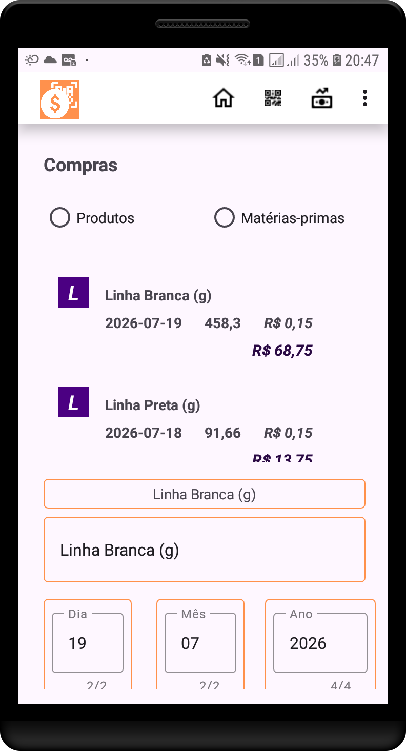 Tela do aplicativo Estoque & QRCode para registrar compras