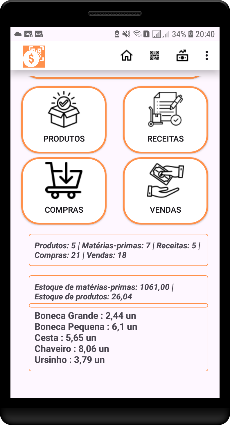 Pantalla de control de stock da aplicación Estoque & QRCode