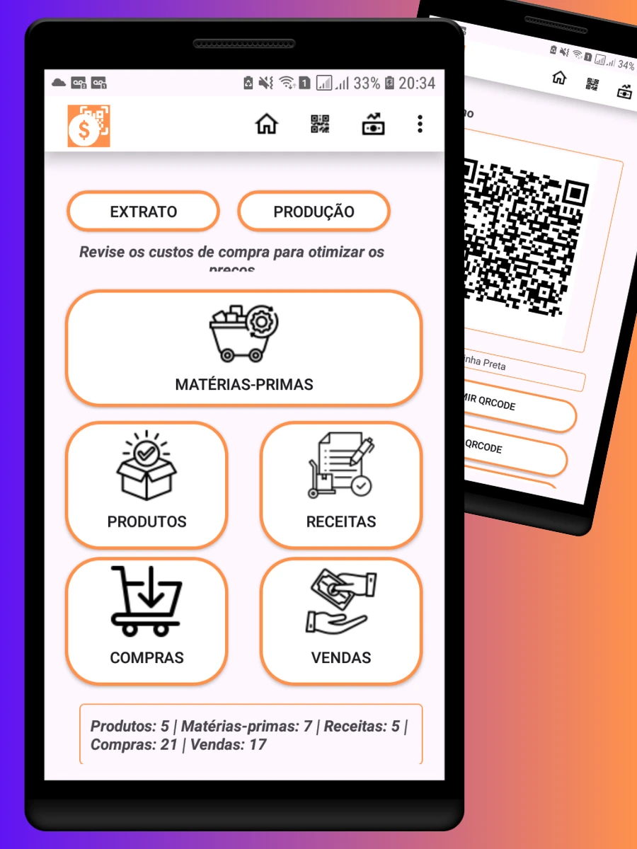 Pantalla da aplicación Estoque & QRCode mostrando o control de stock